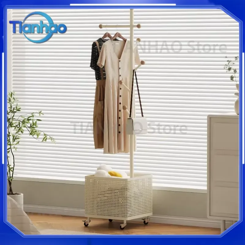 Cream Iron Clothing Rack Floor Standing Hat Hanger for Bedroom Spacious Home Storage Shelf Mobile Laundry Basket Organizer