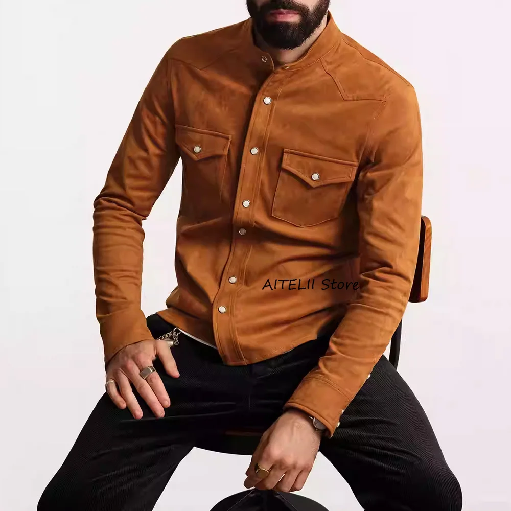 

Suede Fabric Fashion Suit Jackets for Man Men's Jacket Urban Blazers Single-breasted Stand Collar Casual Style Men's Social Coat