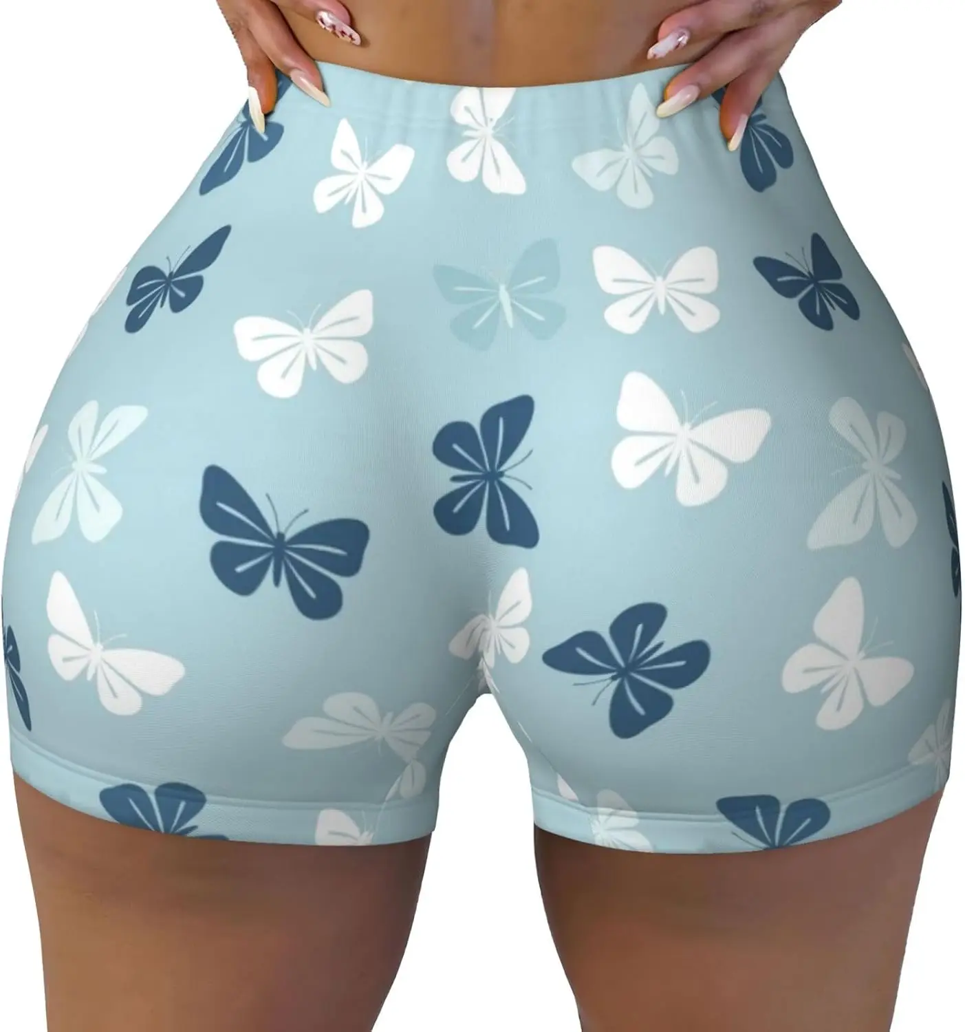 Lightblue Butterfly Print High Waist Yoga Shorts for Women's Tummy Control Fitness Athletic Workout Running Shorts