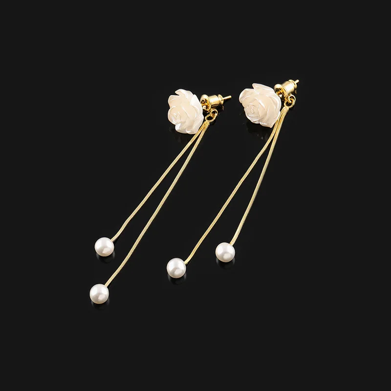 New Sweet Pearl Tassel Immortal Rose Flower Earrings Female Earless Hole Mosquito Incense Plate Ear Clip Gift Wholesale