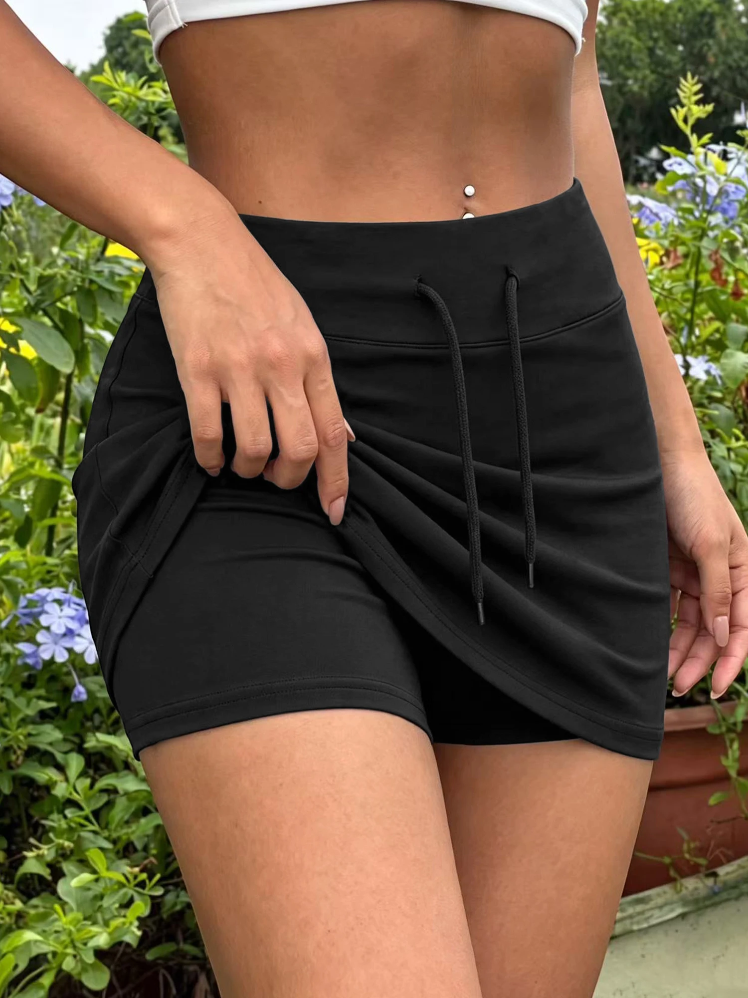 Basic Solid Black Women Skort Elastic High Waist Drawstring Detail Built-in Shorts Versatile All Match Casual Mini Skirt