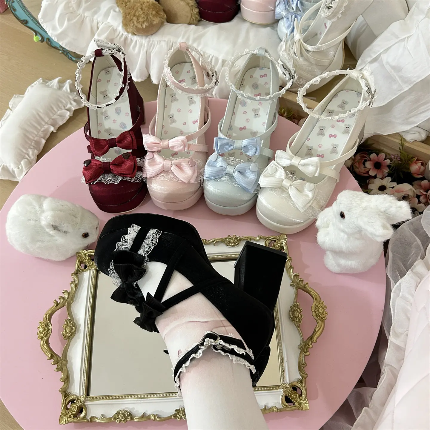 Japanese Original Sweet Style Lolita Bow Mary Jane Shoes Waterproof Table Princess Thick High Heels Sweet Elegant Lo Shoes Women