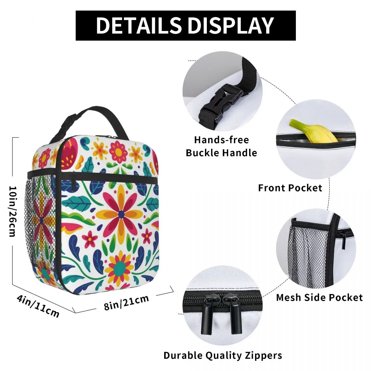 Mexican Flowers Thermal Insulated Lunch Bags Women Portable Lunch Tote for Kids School Children Multifunction Food Box