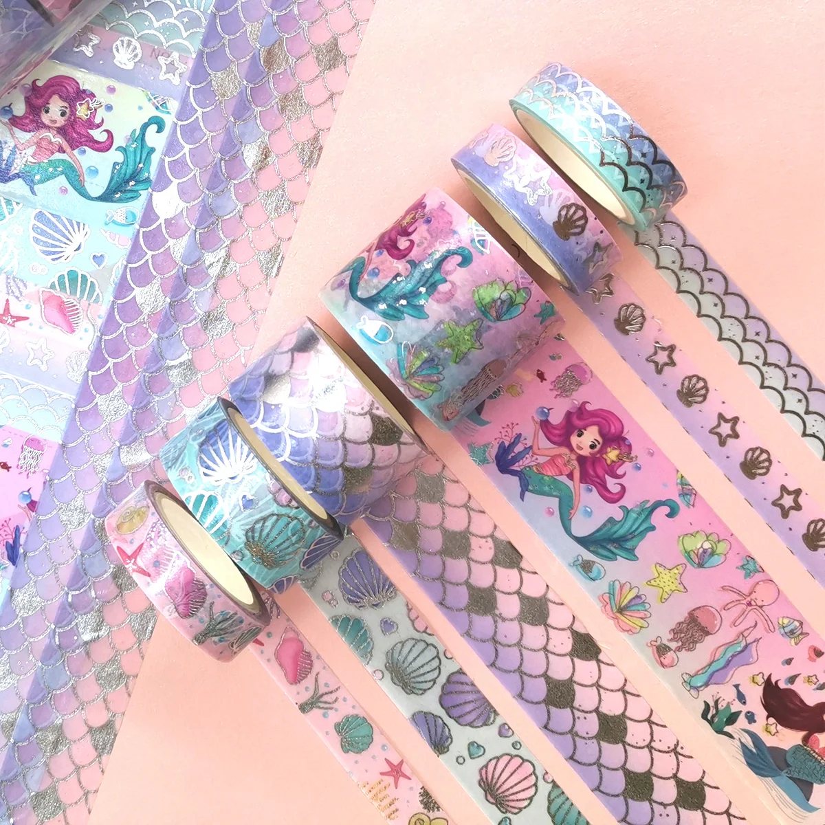Set Selotip Washi Putri Duyung, 6 Gulungan Selotip Dekoratif Bertema Laut Berlapis Perak Berkilau untuk Menulis Jurnal, Scrapbooking, Kerajinan DIY, Hadiah