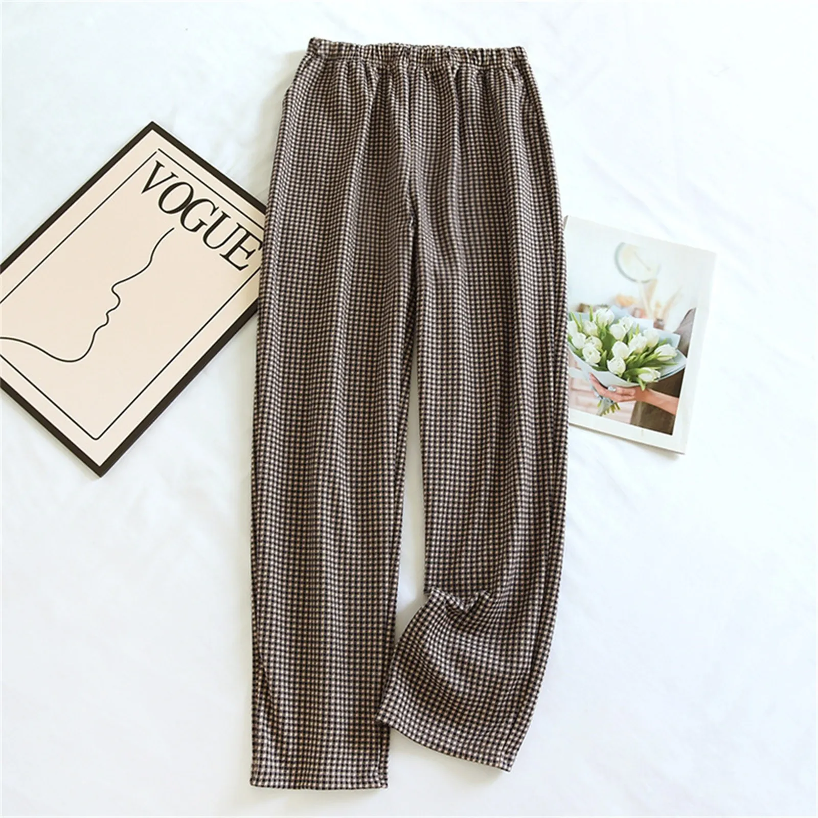 Schlafhose, Damen-Pyjamahose mit Taschen, bequeme, lässige Yoga-Hose mit weitem Bein, weiche, dehnbare Pyjama-Hose, warme karierte Heimhose