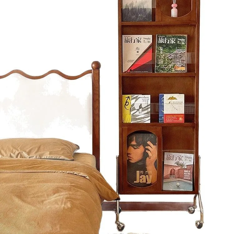 Solid wood partition full mirror magazine rack movable rotating integrated floor bedroom sofa side bookshelf