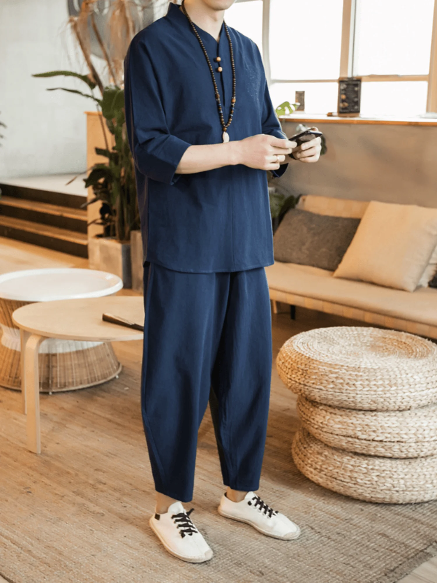 

Мужской комплект из хлопка и льна: футболка и брюки, свободный крой, летний, новый, удобный, дышащий, повседневный костюм из двух предметов