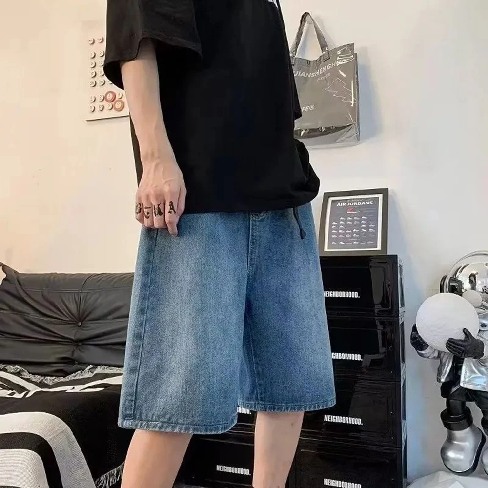 Pantalones vaqueros informales deportivos Y2k para hombre, Vaqueros holgados de 5 puntos con cinturón Unisex, a la moda, primavera y verano, novedad