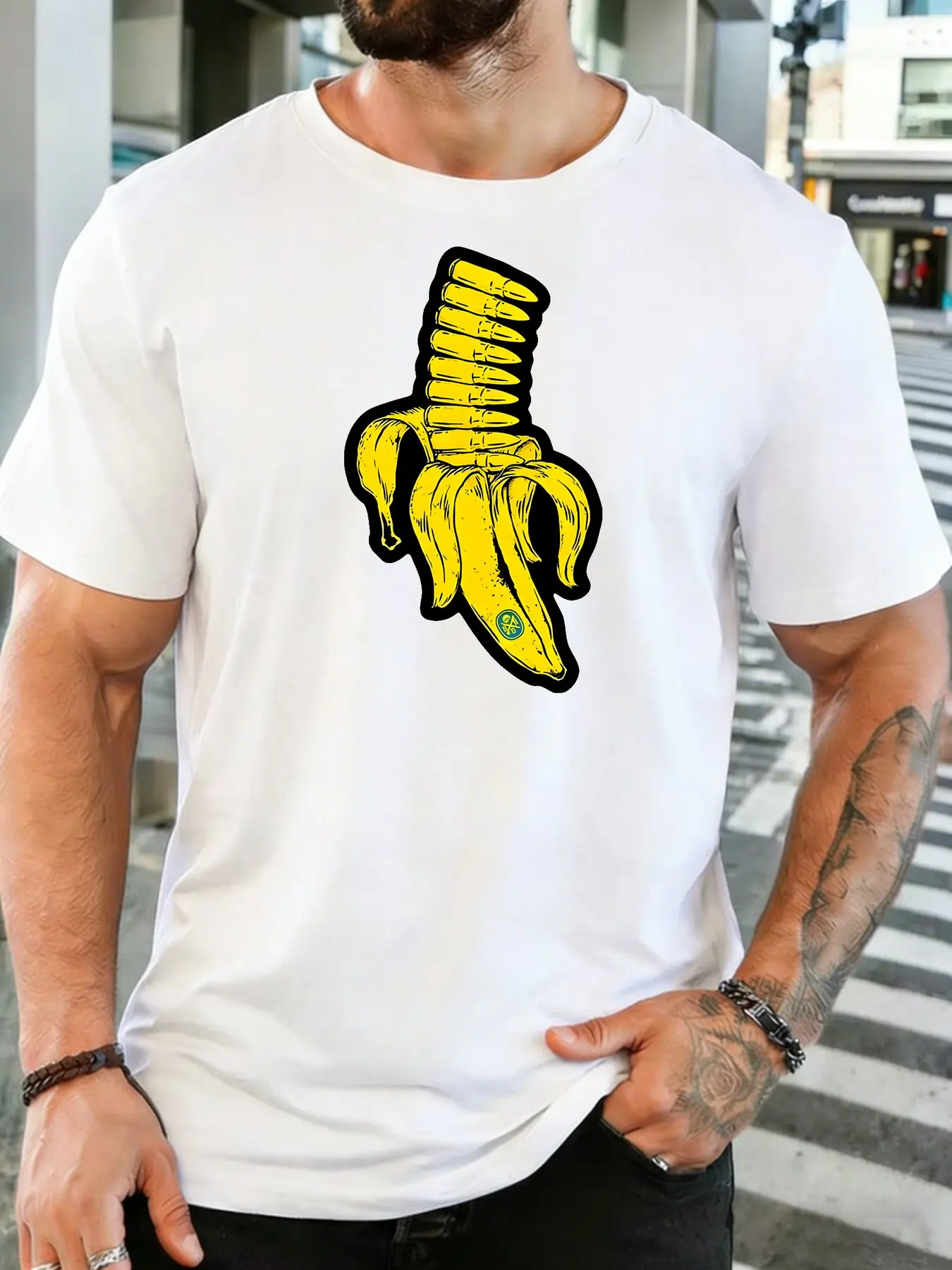 Vintage Mens Soft Cotton Tee Cool Bullet Inside Banana Surreal Print Alternative Urban Crew Neck Short Sleeve T Shirt For Guys