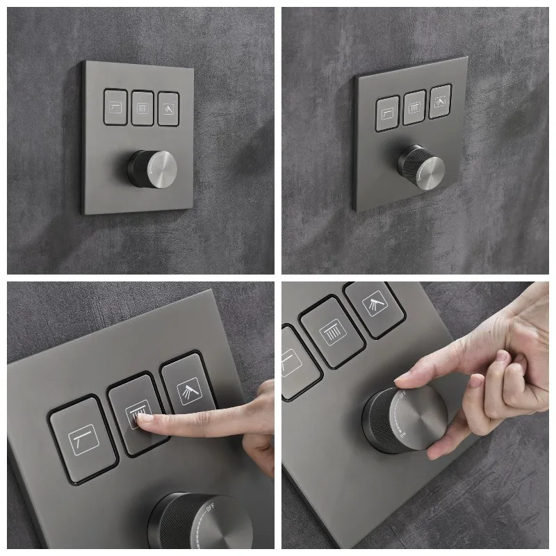 New bathroom gun gray all copper button concealed into the wall shower set hot and cold waterfall shower room shower