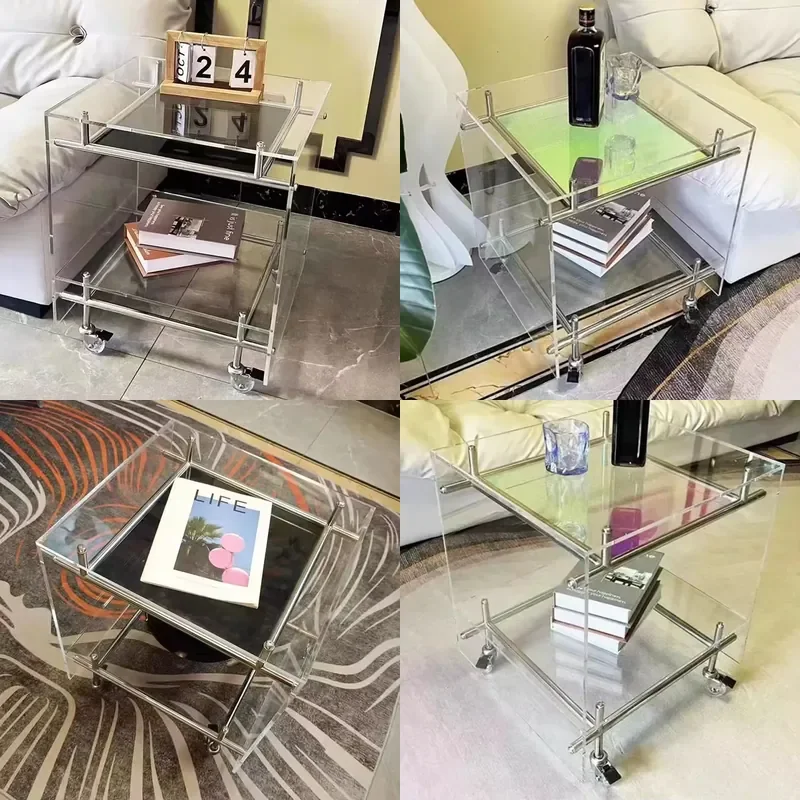 Middle East Hot Sale Modern 2-Tier Acrylic Coffee Table with Wheels Clear Acrylic Rolling Side Table for Home Furniture