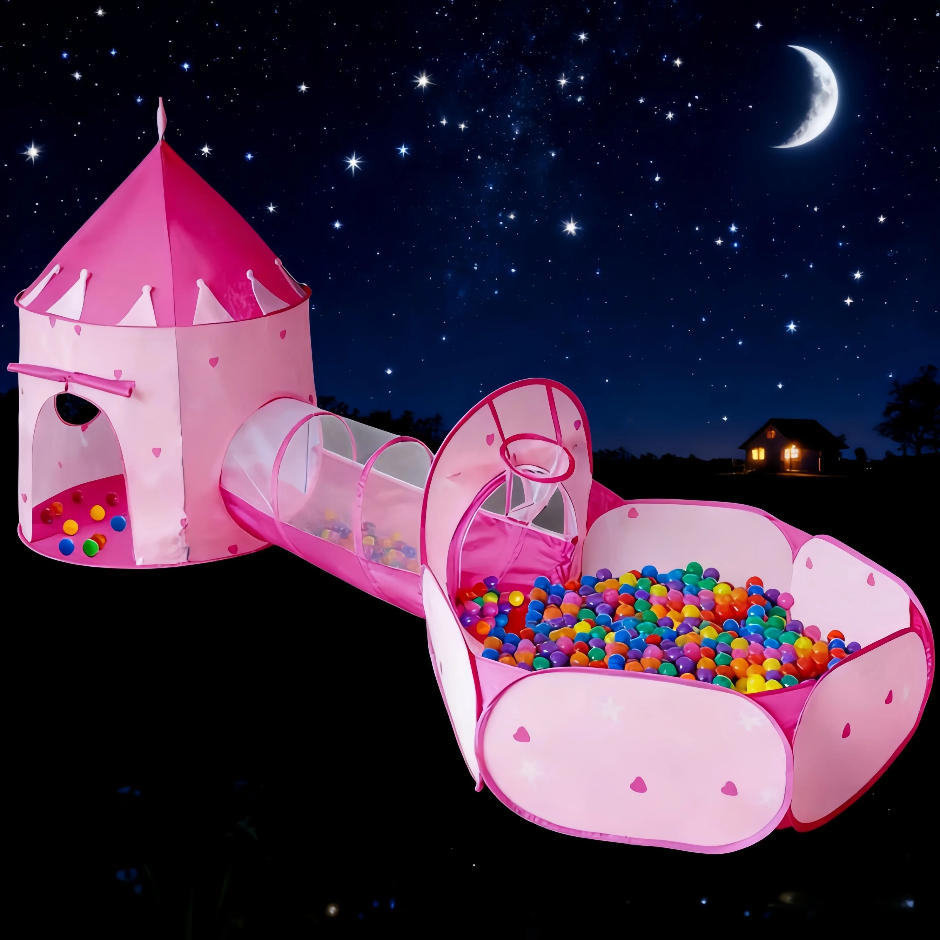 3-in-1-Zelthaus für Kinder, tragbares Schloss-Spielspielzeug mit Tunnel und Ozean-Ballbecken, Kindergrube, faltbar, für drinnen und draußen, Baby-Spielhaus