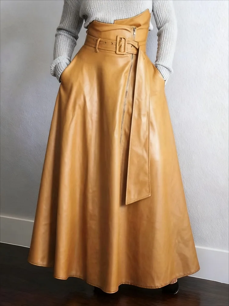 Gymystars japonês roupas vintage zíper pu saias longas moda bolsos soltos cor sólida cintura alta maxi saia com cinto
