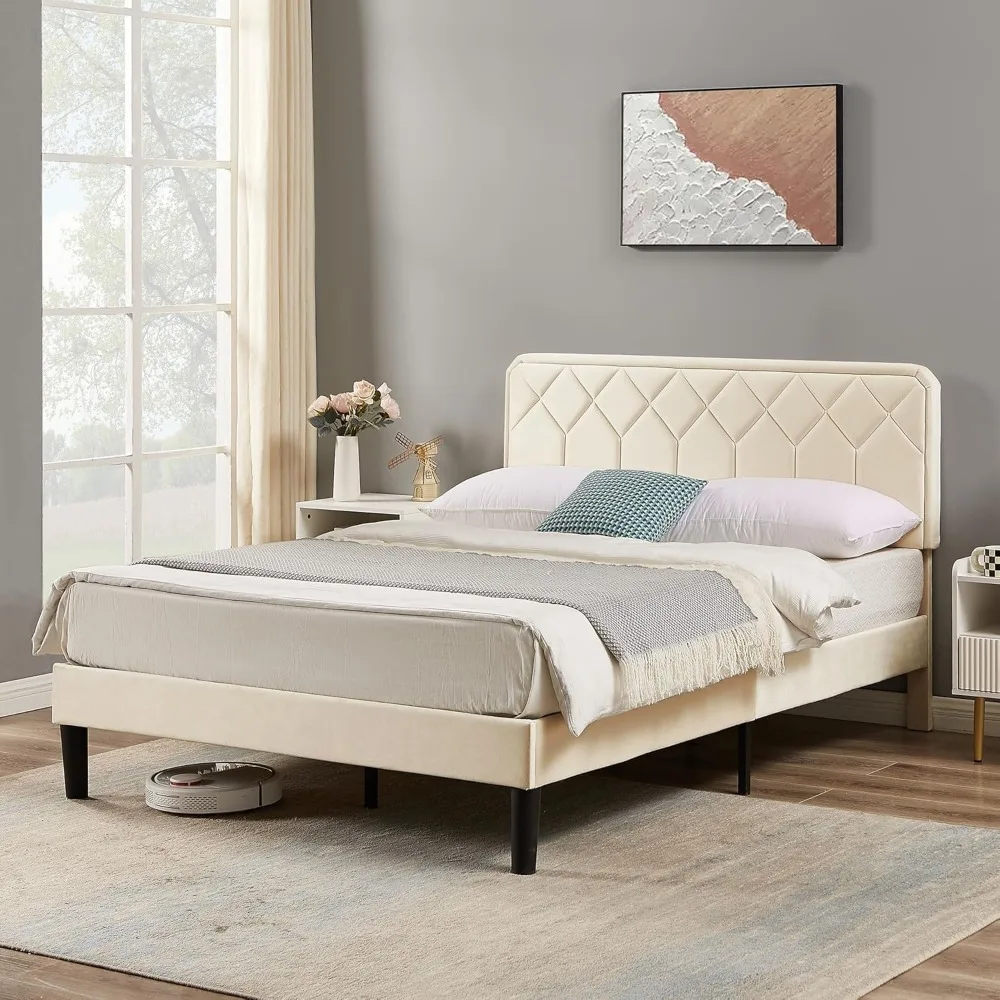 إطار سرير VECELO بحجم كوين، منصة منجدة مخملية ممتازة مع لوح أمامي/مرتبة قابلة للتعديل، خشب متين #4