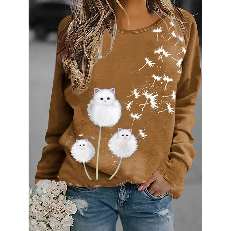 Fashion Cute Cat Dandelion Sweatshirts Floral 3D Print Women New Crew Neck Hoodies Long Sleeve Y2k Pullovers Top Female Clothing