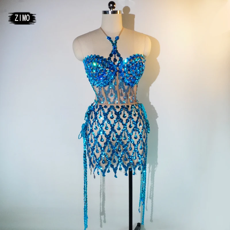 

Sparkling blue rhinestone skirt sequins tassel dancing singer performance costume sexy mesh see-through queen stage birthday DS