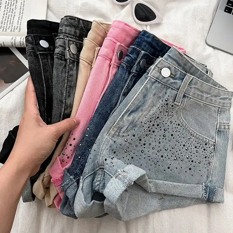 

24 New Retro Womens Shorts Design Hot Diamond High Waist Slim Denim Shorts Curled Wide Leg Hot Pants for Women Ropa De Mujer