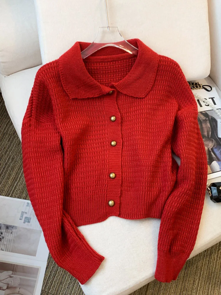 French Elegance Solid Long Sleeve Knitted Tops Women Fashion Peter Pan Collar Slim Sweater Autumn 2024 Button Design Cardigan