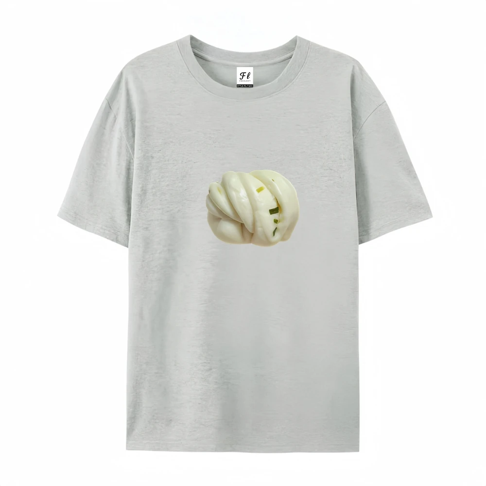 Women Clothes Steamed Tee Traditional Chinese Huajuan Print Handmade Dough Art Unisex Cotton Top Breakfast Street Food Style