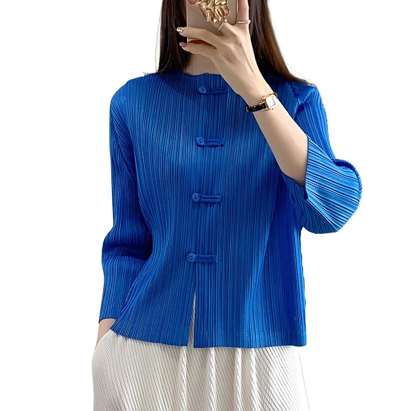 Miyake Geplooide Top Damesjas Herfst Retro Chinese Stijl High-End Lange Mouwen Chinese Stijl Button Up Temperament top