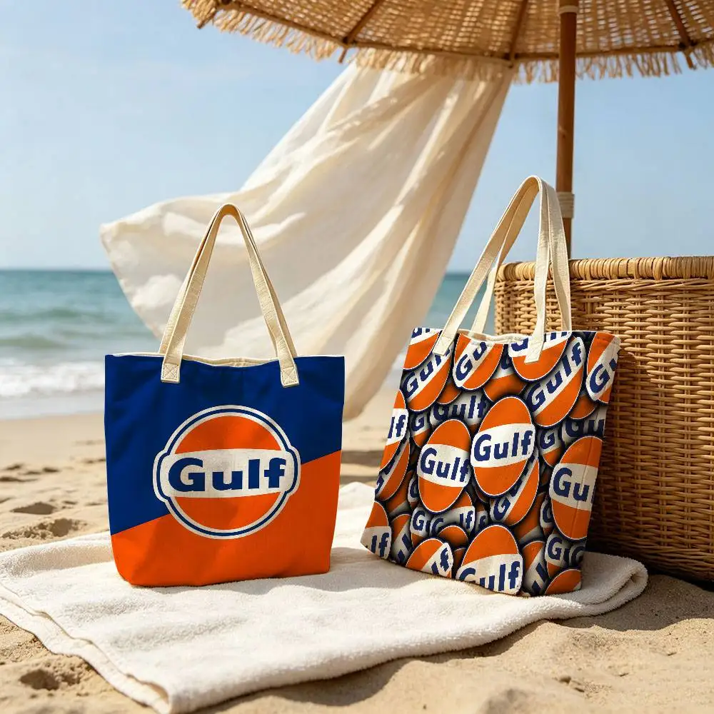 G-Gulf O-Oil Retro Storage Bags Linen Blend Cotton Polyester Double-Sided Shoulder Handbag Reusable Eco-Friendly Tote Bag