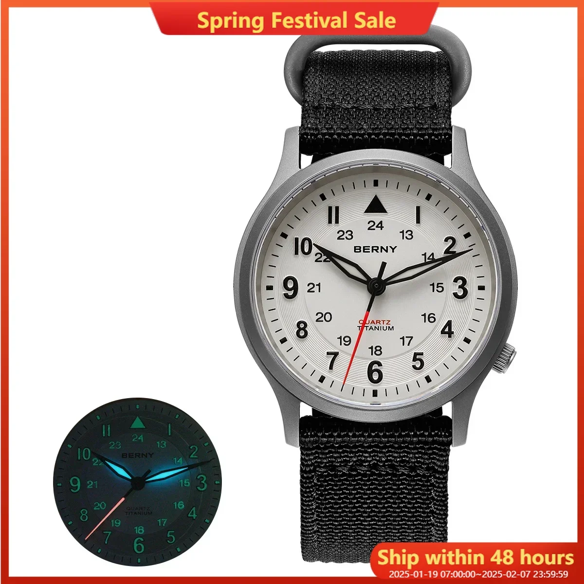 Relojes BERNY de titanio para hombre, reloj clásico de piloto de campo para hombre, reloj de pulsera de cuarzo para exteriores de fácil lectura, zafiro superluminoso 5ATM