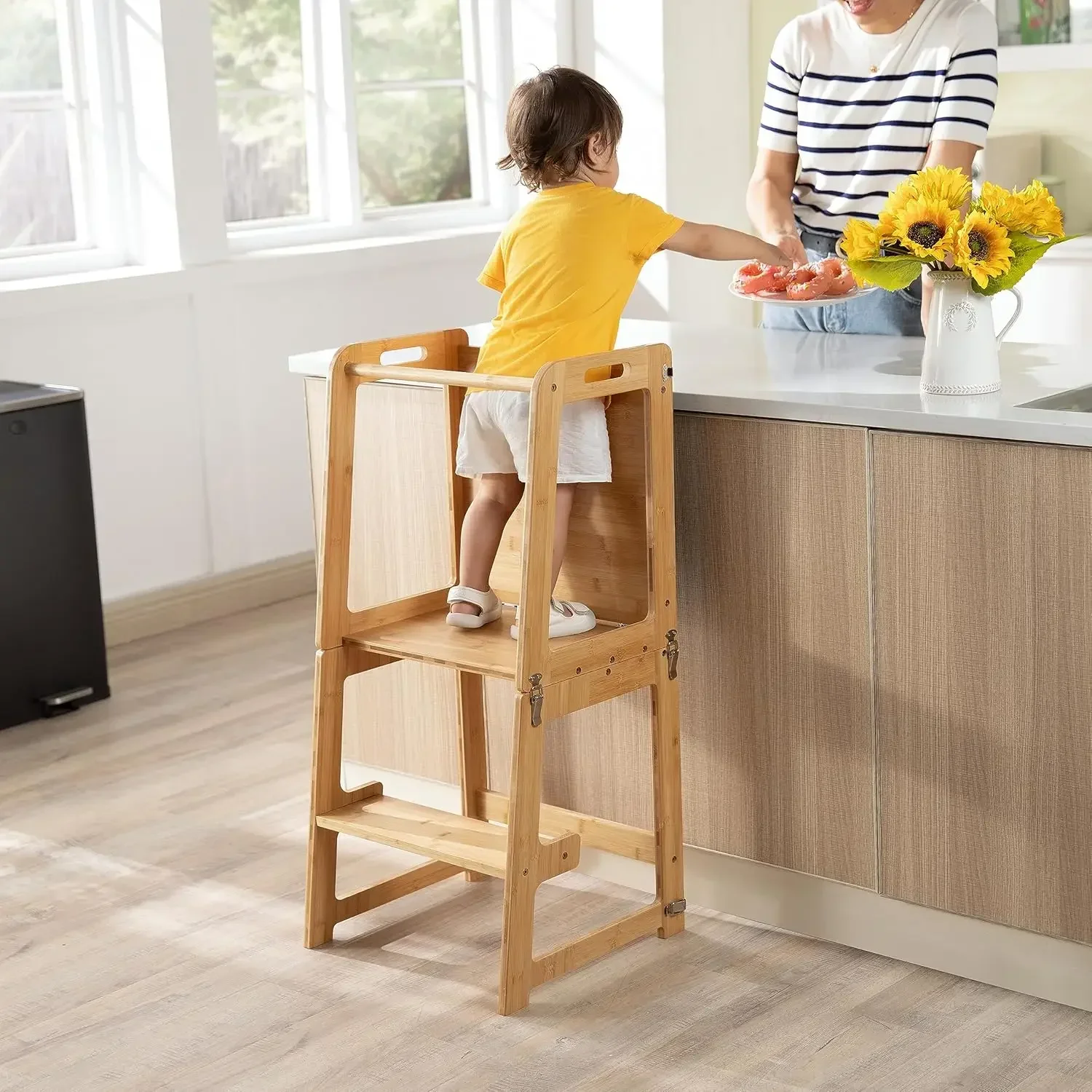 Tower for Toddlers and Kids 1-6 Years, Bamboo Kitchen Learning Helper Stool with Chalkboard, Desk Table, and Chair (Natural)