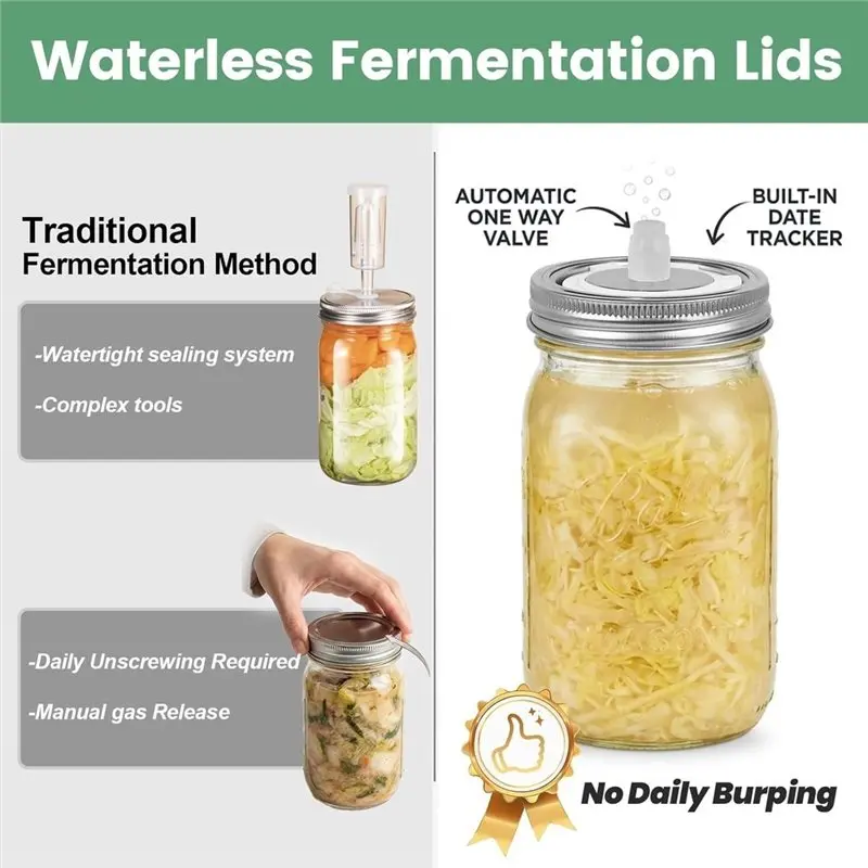 B50C Masonjar Fermentation Lids Stainless Steel Masonjar Drink Lids With Automatic Waterless Airlock & Date Tracker