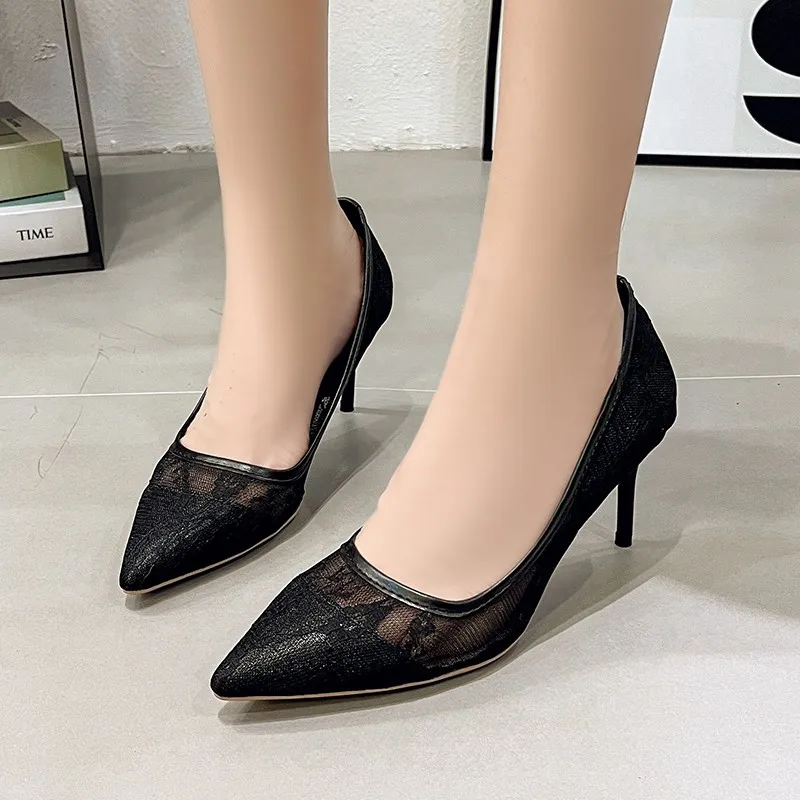 New Summer European and American Design Feeling Temperament Breathable Lace Mesh Solid High Heels Pointed Thin Heels