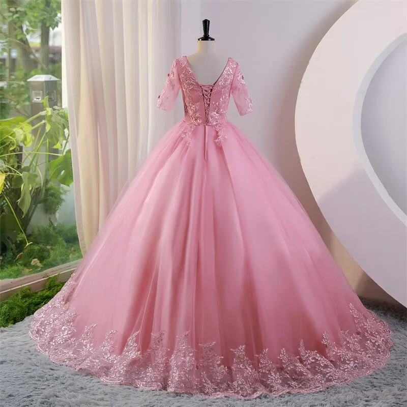 Vestido de quinceañera rosa de manga corta, traje de baile clásico de encaje de lujo para fiesta de graduación, novedad de verano 2023