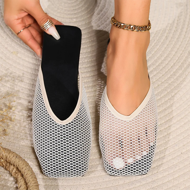 Mesh Breathable Mules Shoes Women Flats Slippers Summer Designer Square Toe Walking Slingback Flip Flops Home Female Slides