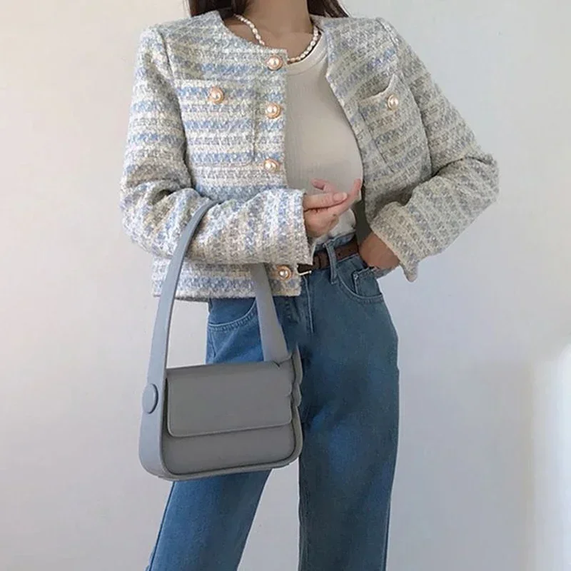

Pop 2025 Autumn Winter Women Elegant Tweed Cardigan Short Coat With Pocket Single Breasted Jacket For Women Loose Outwear