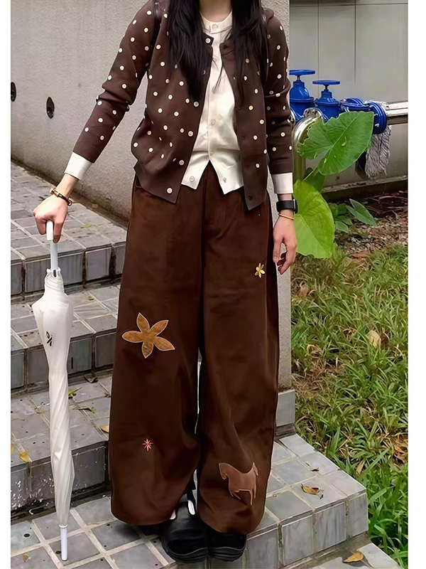 

Ретро-американские коричневые вельветовые брюки с вышивкой для женщин, осенне-зимние, свободные, широкие, повседневные, прямые брюки