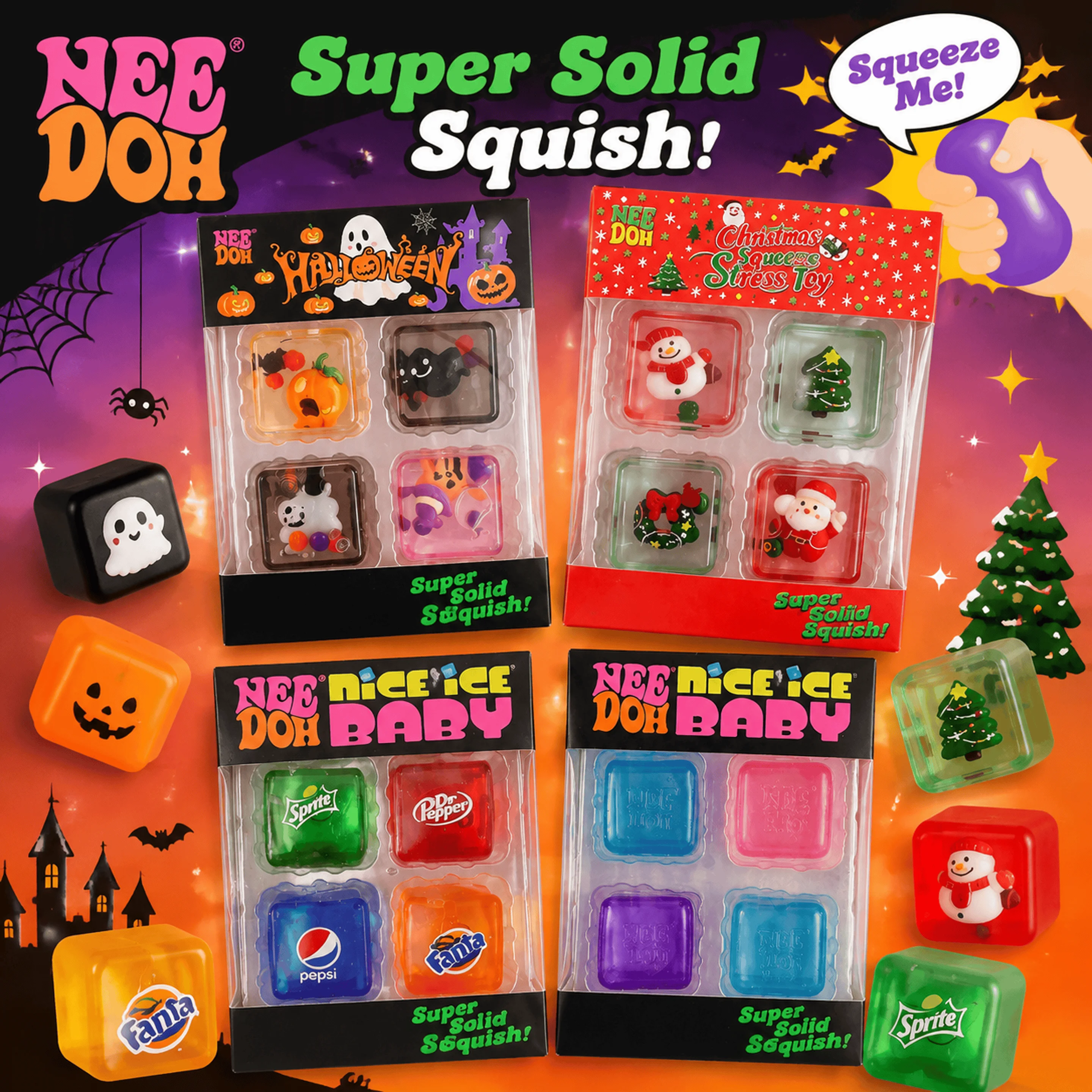 Halloween Schylling NeeDoh Teenie Mini Ice Cube 4‑Pack Maltose Slow‑Rebound Squeeze Ball Fidget Sensory Toy