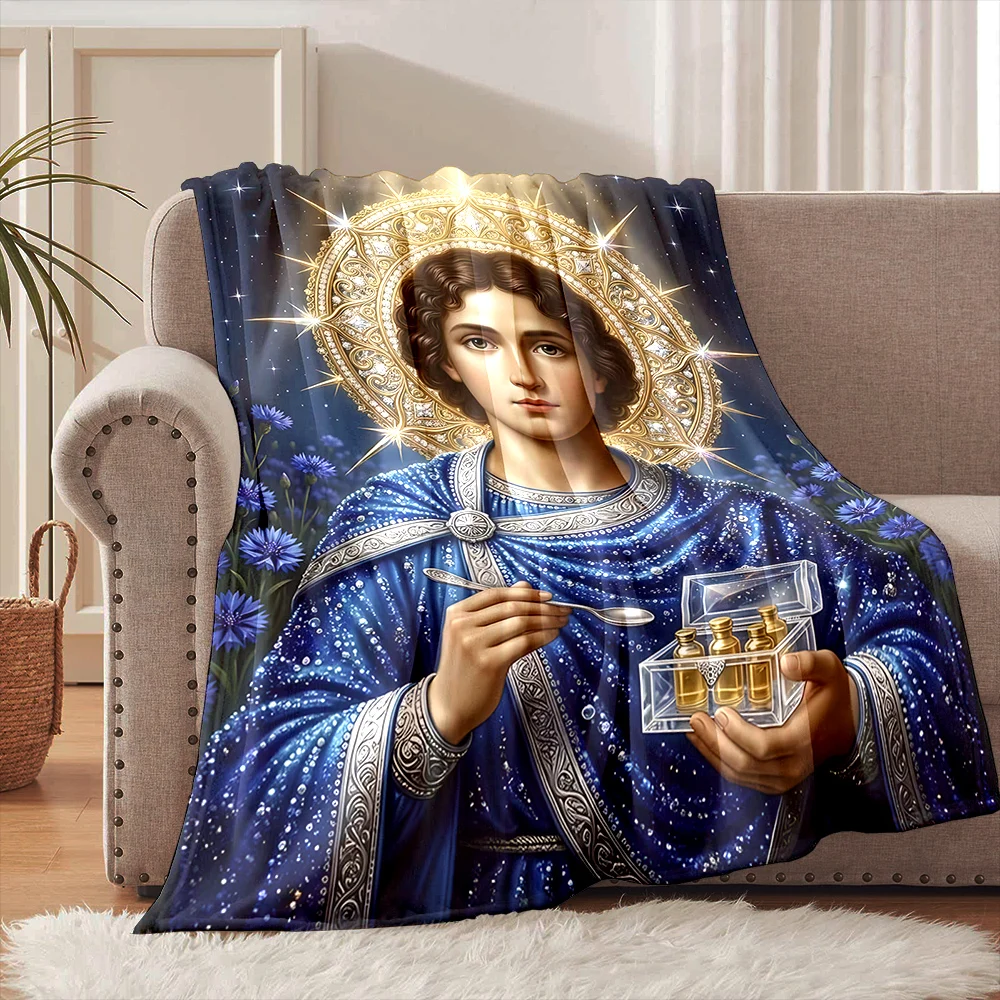 1PC Blue robe halo holding bottles Faith-printed Flannel Blanket Soft and Warm Suitable for Home Travel Picnics Camping and RV