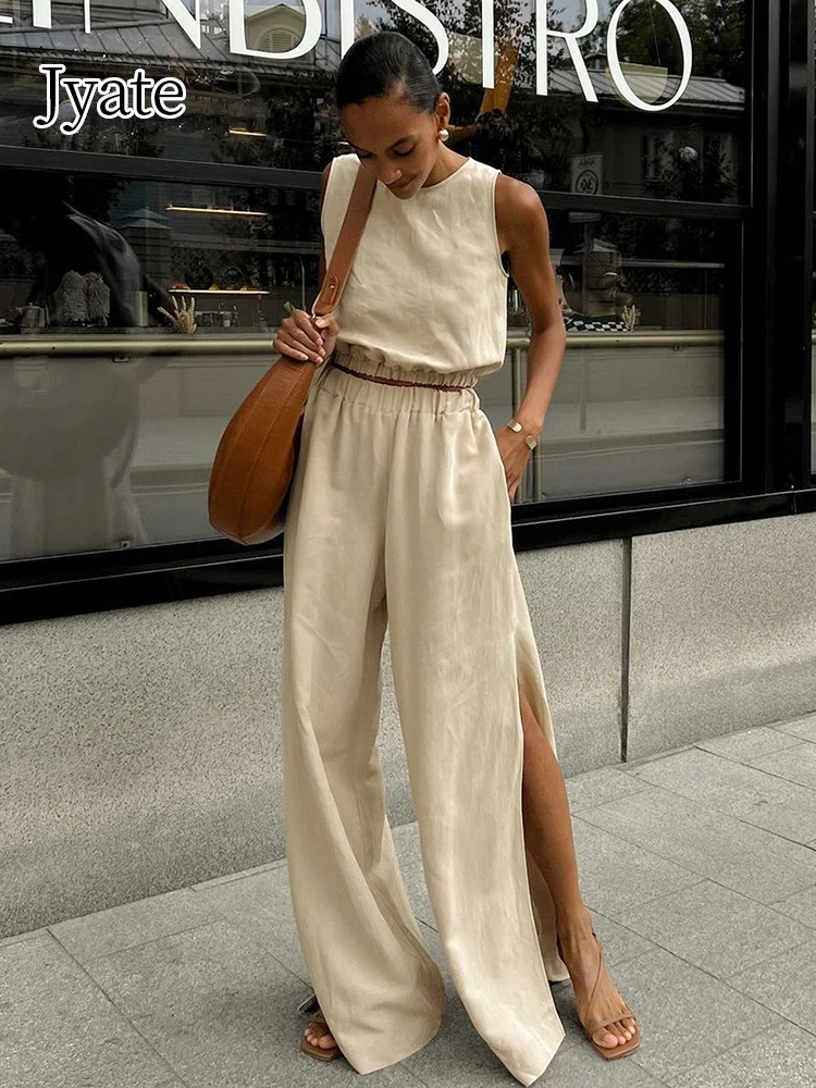 

Jyate Khaki Cotton Linen Pants Suit Vacation 2024 Summer Sleeveless Tops + Split Long Pant Two Pieces Sets Office Ladies Outfit