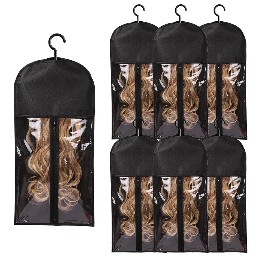 Bolsa de almacenamiento de extensiones de cabello largo, bolsas de transporte de pelucas no tejidas a prueba de polvo con colgador de plástico para organizador de salón en casa, 6 uds.