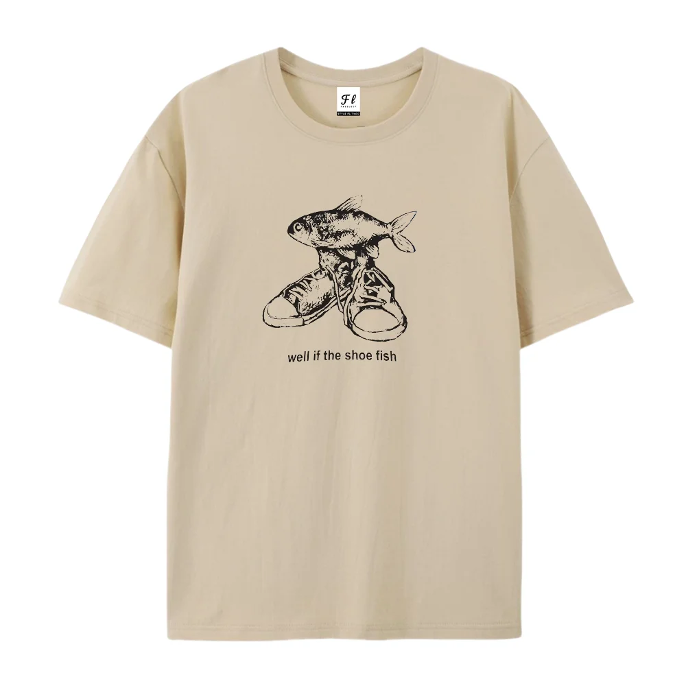 Women Vintage Fish Sneakers Graphic T Shirt Funny Shoe Fish Print Oversized Casual Streetwear Short Sleeve Tee Y2K Summer Top