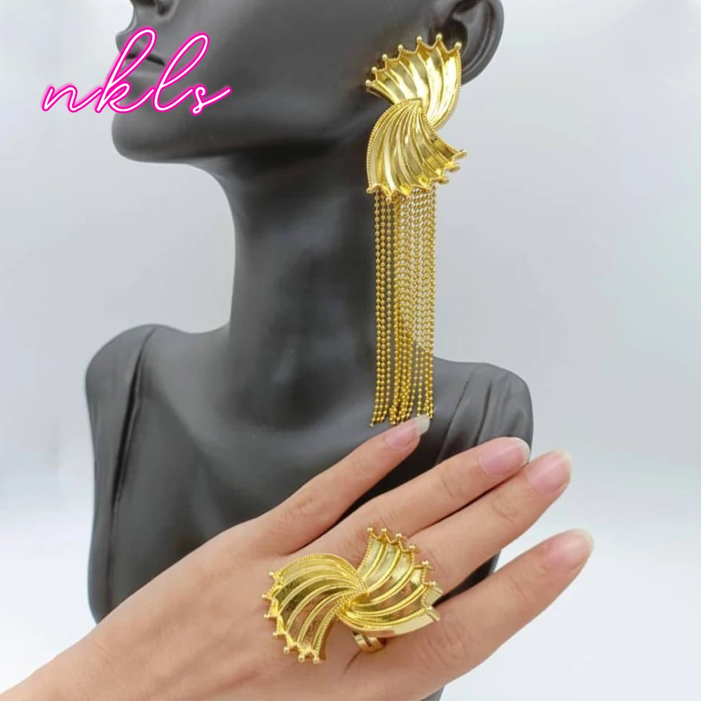 

Earrings Ring Set Tassel Design Trendy Jewelry for Ladies Fashion Earrings Gold Color Copper Alloy Metal Jewelry Accessory