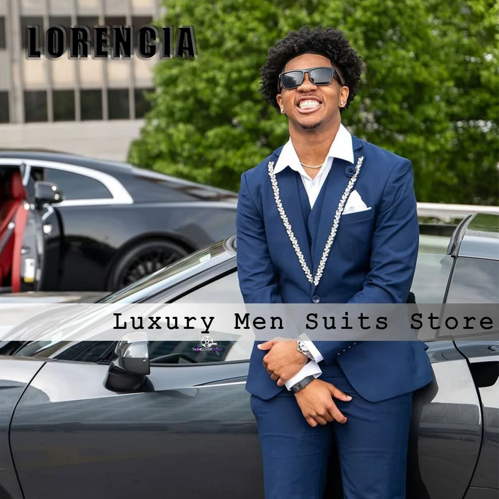 Simple 3 Pieces Men Suits Sparkly Diamond Tuxedos Wedding Outfits Customized Single Breasted Balzer Pants Vest costumes homme