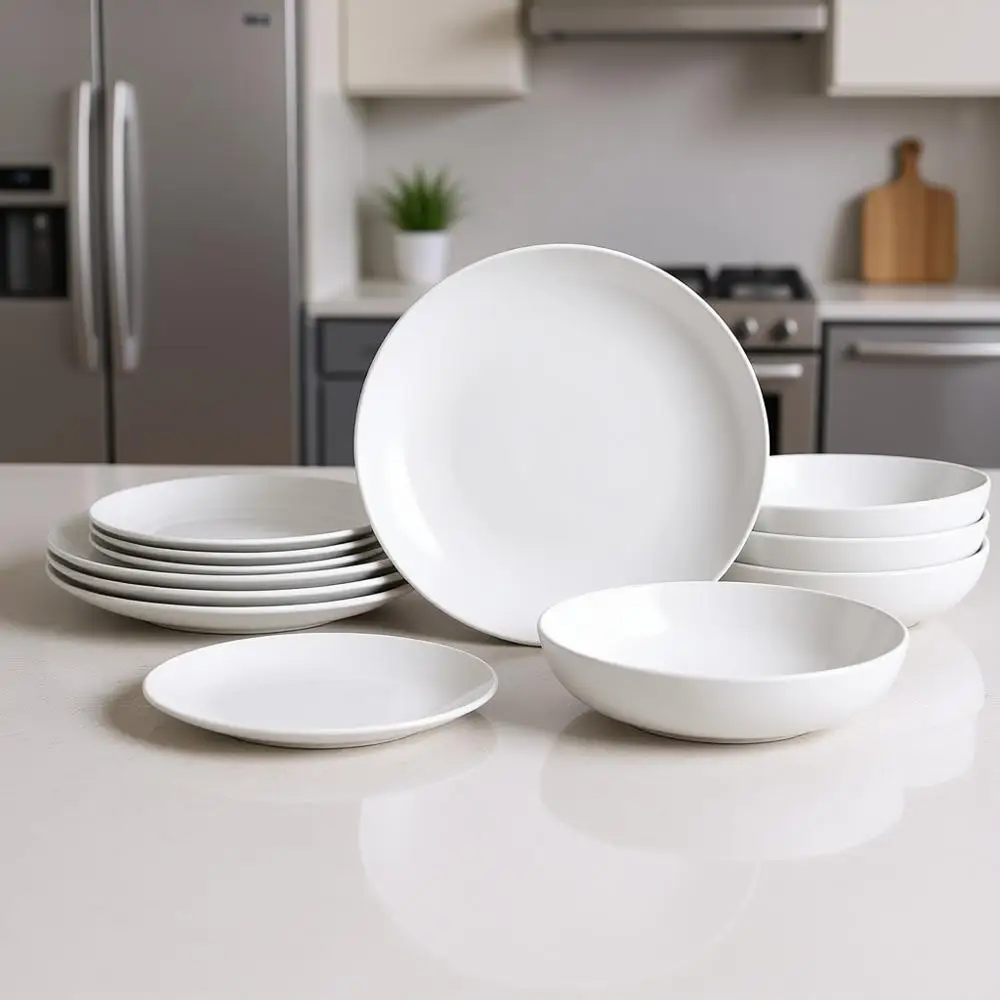 

Набор посуды из 12 предметов, тарелки и миски, из каменной керамики, можно мыть в посудомоечной машине и использовать в микроволновой печи, на 4 персоны, белый