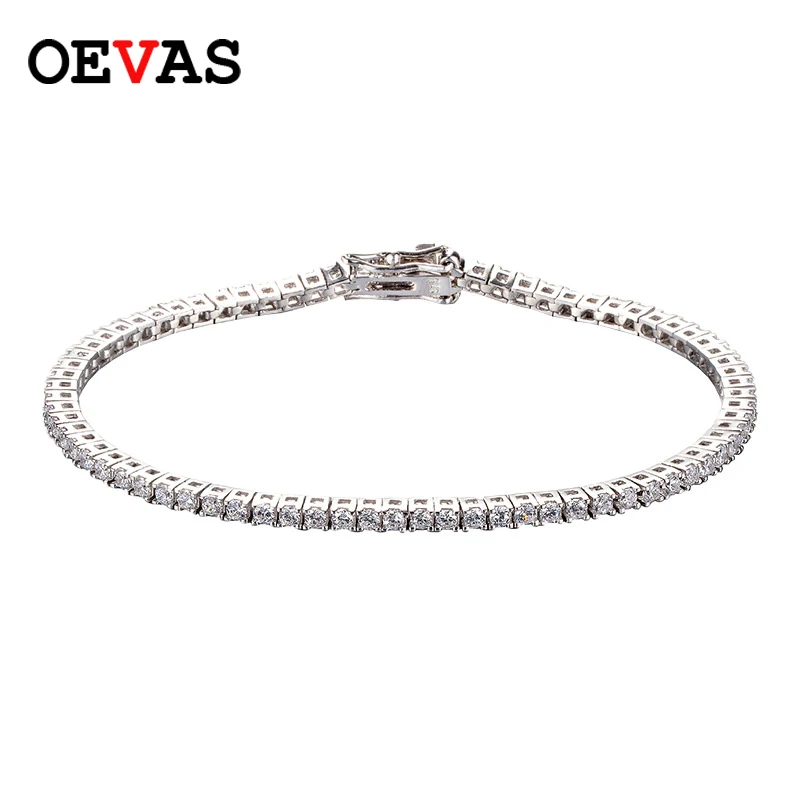 OEVAS 2MM 0.03 Carat Real Moissanite Women Tennis Chain Bracelet Fine Jewelry 100% 925 Sterling Silver 18K White Gold Wedding