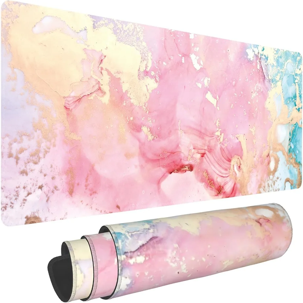 Large Gaming Mouse PadPink Gold Foil Marble Extended Desk Mat Non‑Slip Rubber Playmat with Stitched Edges Home Office CP GameMat