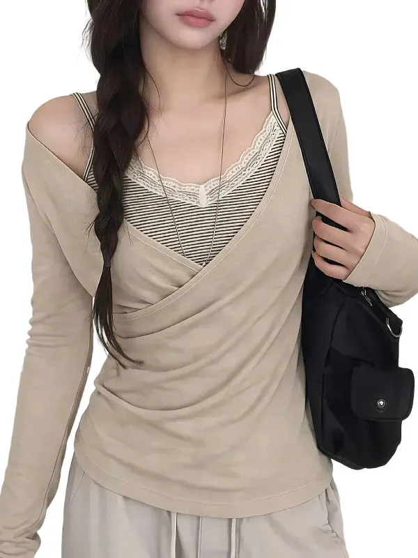 plus Size Long Sleeve T-Shirt Set Women's Early Autumn Top Two-Piece Set Korean Style Pure Desire Color with Strap Vest