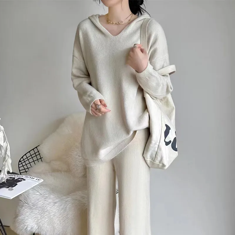 

Autumn Winter Women 2 Pieces Sets Knitted Tracksuit Sweater and Straight Jogging Pants Suits Hoodie Sports Trousers Female Suit