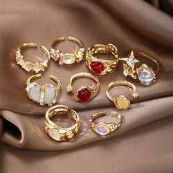 9pcs Y2K Crystal Heart Open Rings Set for Women Girls Vintage Punk Metal Irregular Geometric Adjustable Ring Trendy Jewelry Gift