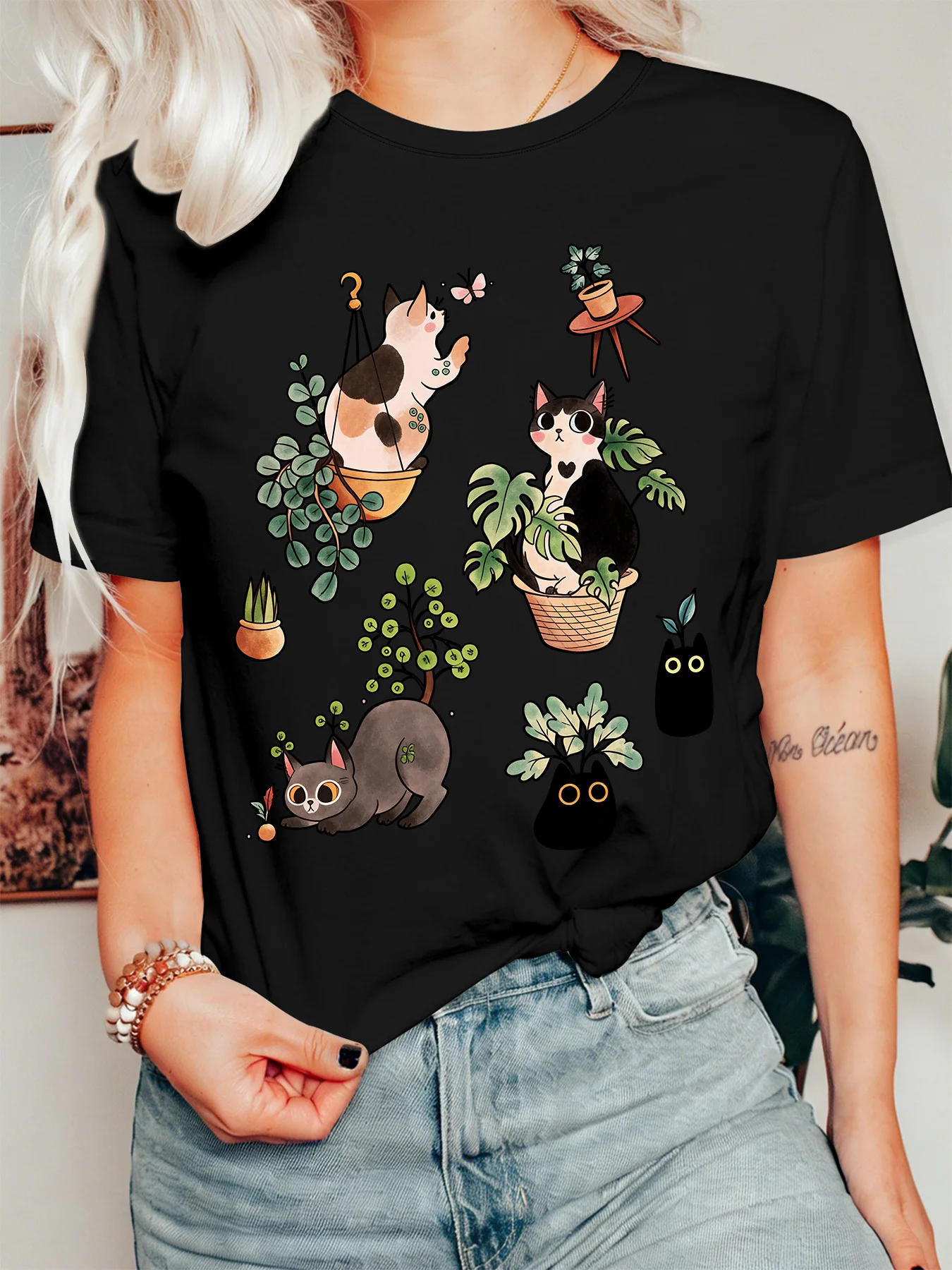 Cats And Potted House Plants Womens T Shirt Cute Kitten Green Foliage Cartoon Graphic Tee Short Sleeve Casual Daily Ladies Tops