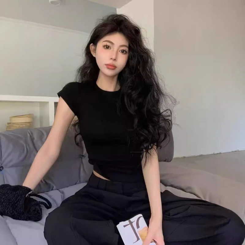 

Summer Shoulder T-shirt White Short-sleeved Women's Slim Hot Girl Short Base Shirt New Round Neck Outer Wear Source Manufacturer