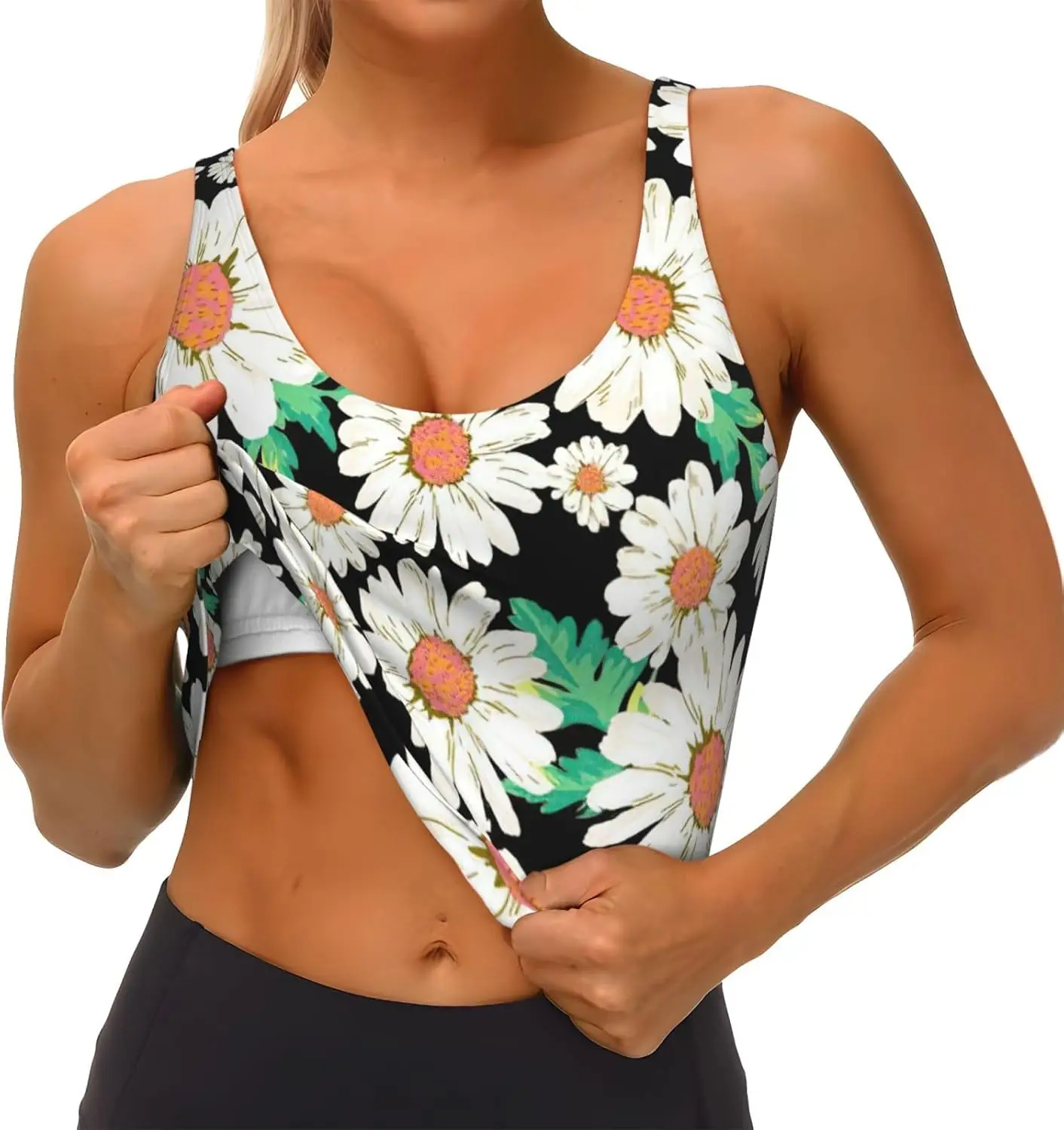 قميص بدون أكمام رياضي مطبوع عليه زهرة الأقحوان للسيدات، سترة يوجا خفيفة الوزن مع حشوة قابلة للإزالة