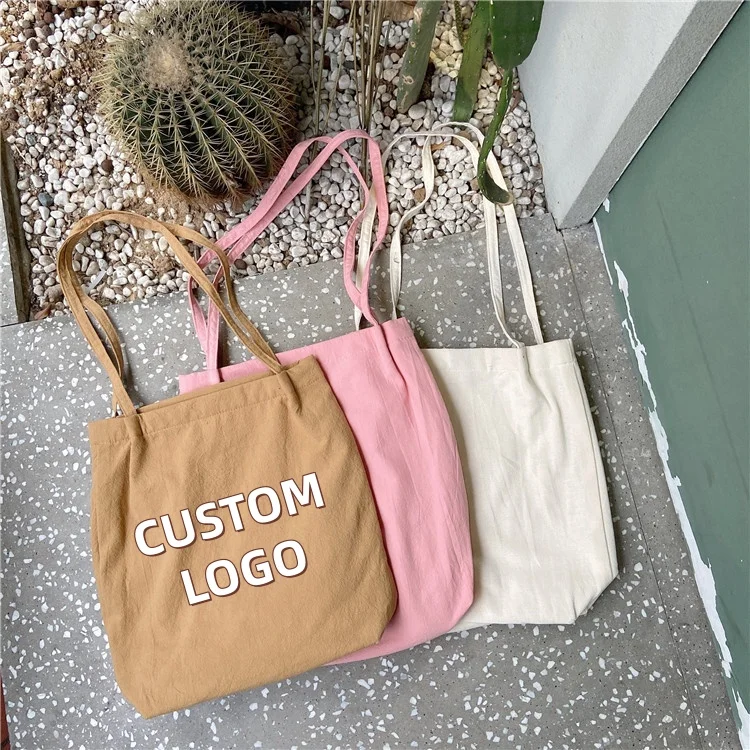 Custom Logo Washed Cotton Tote Bag Women Large Capacity Shoulder Bag Reusable Canvas Shopping Bag Casual Student Handbag